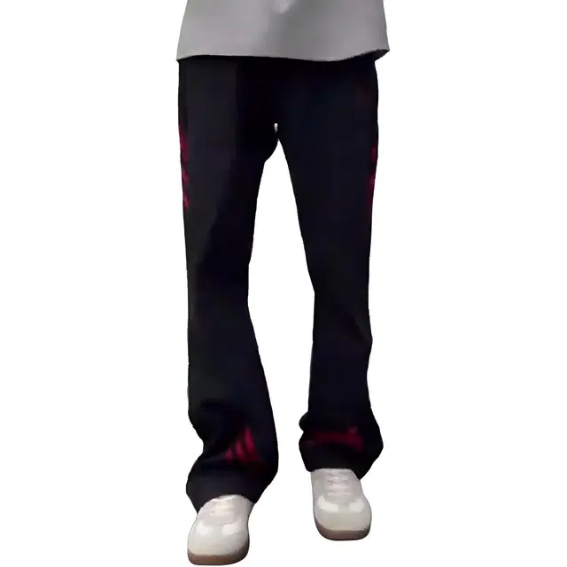 徐百货 美式复古红黑撞色斜杠三条纹拼接微喇直筒长裤夏季小众设计感潮流百搭牛仔裤 男女同款