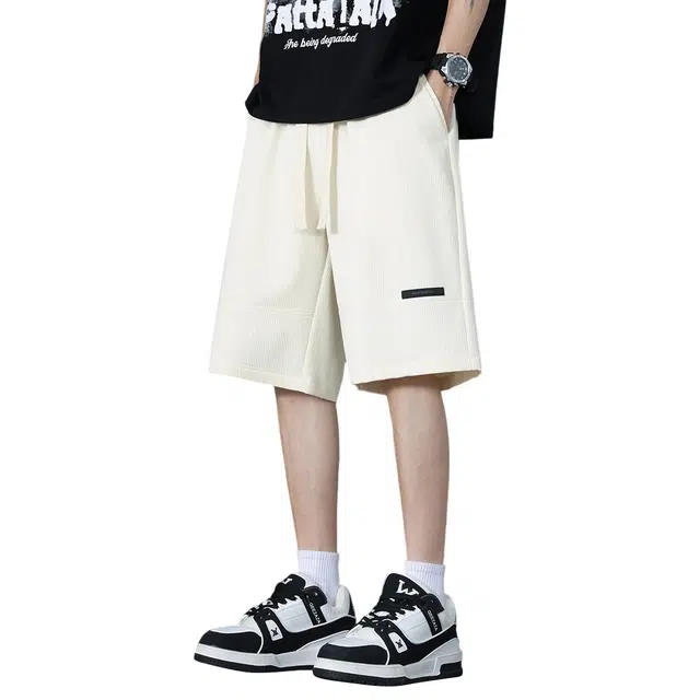 顶峰保罗 冰丝拼接直筒外穿薄款宽松百搭美式潮牌显高垂顺痞帅无性别主义运动健身五分中裤弹力休闲短裤 男女同款