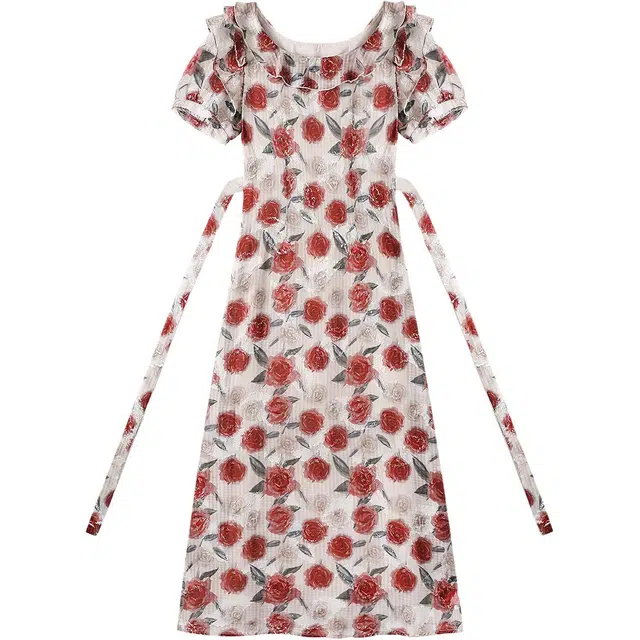 如续 复古气质玫瑰花别致女夏季泡泡袖绑带收腰长裙连衣裙 女款