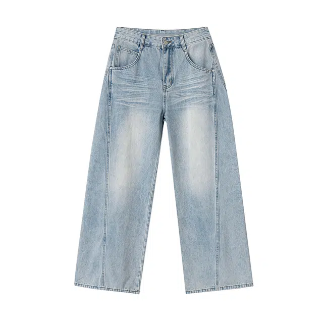 玫丝朵 美式高腰阔腿夏季设计感拼接显瘦直筒拖地裤牛仔裤 女款
