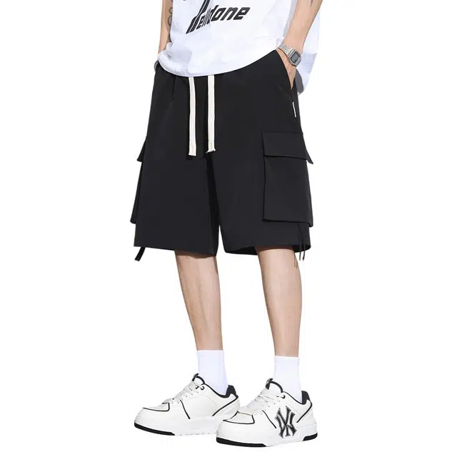 顶峰保罗 冰丝薄款宽松百搭美式工装直筒外穿潮牌显高垂顺痞帅无性别主义运动健身五分中裤弹力大口袋休闲短裤 男女同款