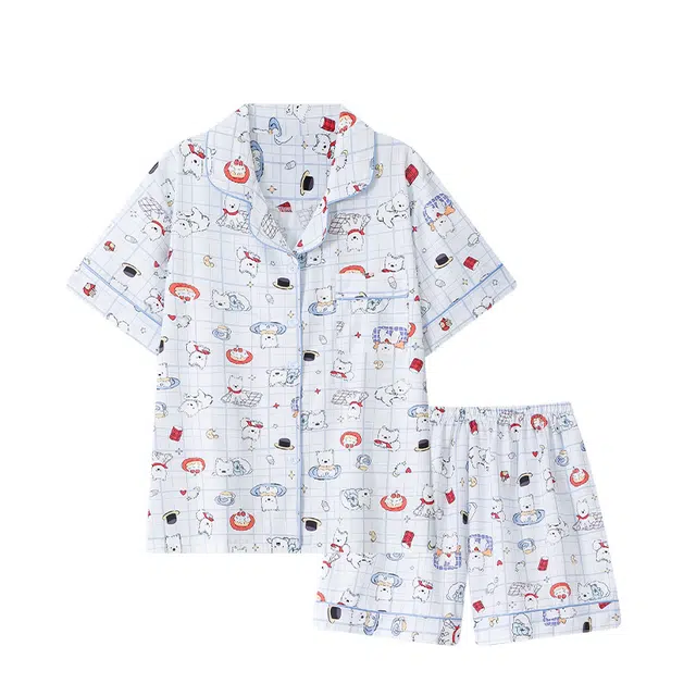 俏韵 翻领卡通夏季冰丝甜美短袖可爱薄款家居服可外穿睡衣套装 女款