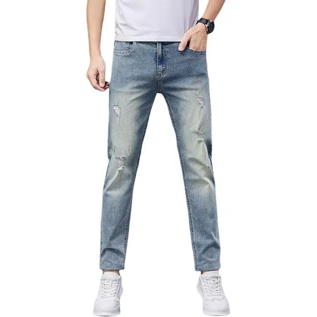 么宁 简约百搭舒适透气破洞裤薄款直筒个性痞帅运动休闲牛仔裤 男女同款