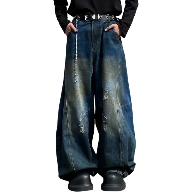 冈哉 美式复古水洗做旧解构褶皱拼接手工磨破破洞设计时尚高级感个性小众宽松休闲百搭垂感阔腿弯刀牛仔裤 男女同款