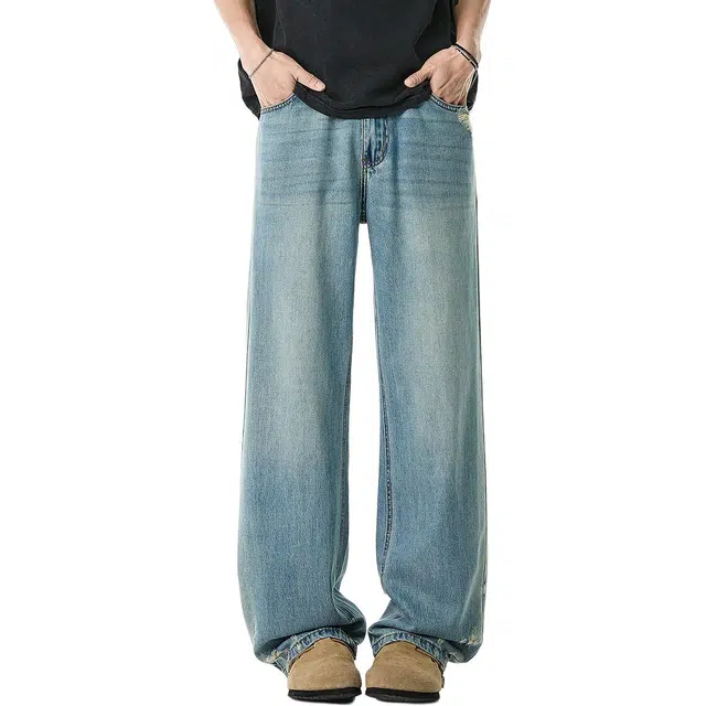 米素力 天丝夏季薄款宽松高腰长裤牛仔裤 男款