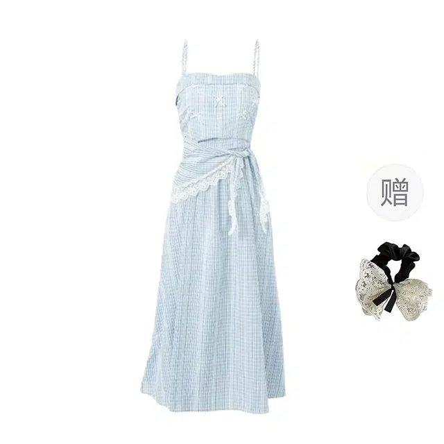 涂诗菲 法式甜美温柔小清新蝴蝶结格纹方领浪漫海边度假沙滩裙吊带连衣裙 女款