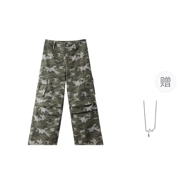 识恩 美式辣妹迷彩印花阔腿春夏季高腰宽松直筒裤 工装裤 女款