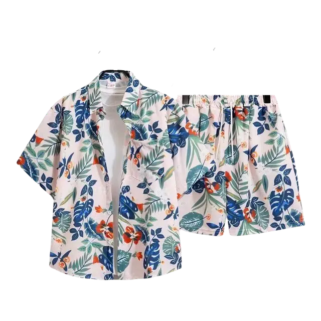 木木兔 美式五分袖上衣短袖穿搭一套潮流帅气短裤花衬衫休闲运动套装 男女同款