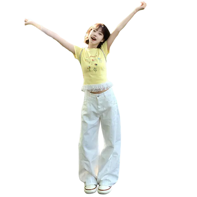 佑麟 弯刀牛仔裤夏薄款镰刀高腰阔腿裤子美式高街宽松直筒工装裤长裤 男女同款