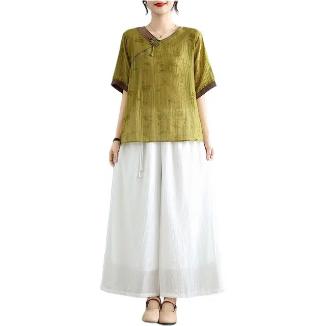 丝絮丝绸 国风文艺宽松印花上衣阔腿裤休闲套装 女款