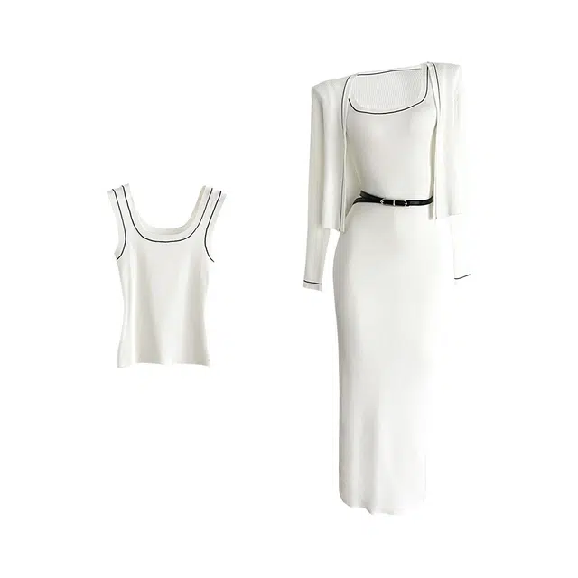 敲模女孩 法式纯欲风设计感修身背心包臀连衣裙背心长袖开衫外套裙装套装 女款