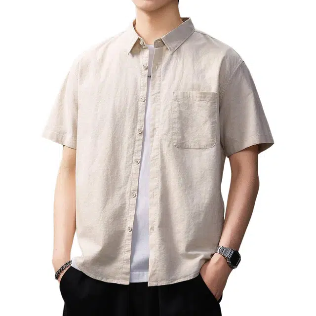 贵色 夏季 美式复古潮流百搭亚麻短袖男士纯色简约拼接设计翻领舒适透气休闲翻领半袖上衣衬衫 宽松 男女同款