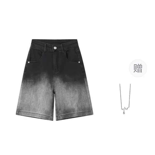 识恩 设计感渐变高腰女直筒宽松显瘦五分牛仔短裤  女款