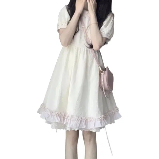 黛尔佳人 法式初恋温柔风蝴蝶结短袖连衣裙 女款