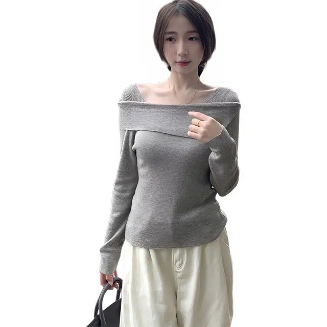 思蓓儿 韩版气质纯欲一字肩百搭长袖内搭针织衫 女款