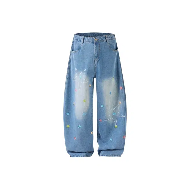 零氏 美式复古高街星星刺绣设计百搭休闲宽松拖地长裤子阔腿水洗做旧潮牌弯刀牛仔裤 男女同款