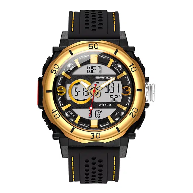 三达 时尚潮流双显示学生腕表 电子+石英机芯 硅胶表带 国表 男表 金色表盘 防水