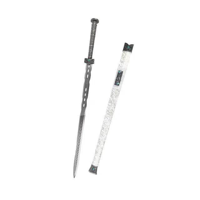 天子剑 水寒剑 高锰钢镂空刃身龙泉汉剑 金属嵌松石装饰杉木烤漆鞘未开刃 成品模型