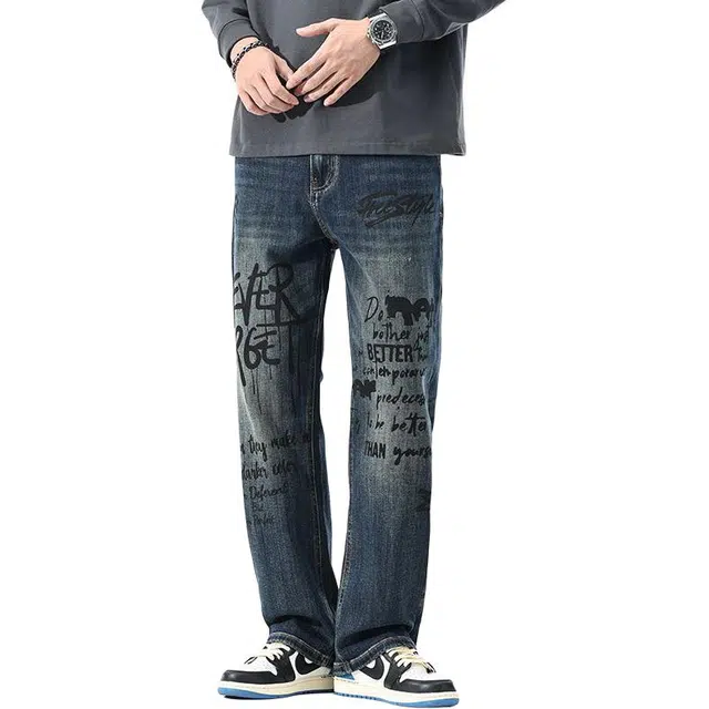 宝米卡 字母印花小众时尚设计美式休闲直筒裤牛仔裤 男女同款