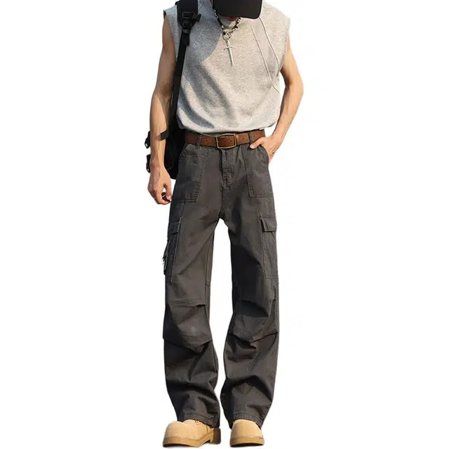 加荣 美式港风多口袋工装裤男士夏季轻薄透气青少年日常出行百搭潮牌水洗纯棉休闲裤日系复古高街街头垂感子长裤 男女同款