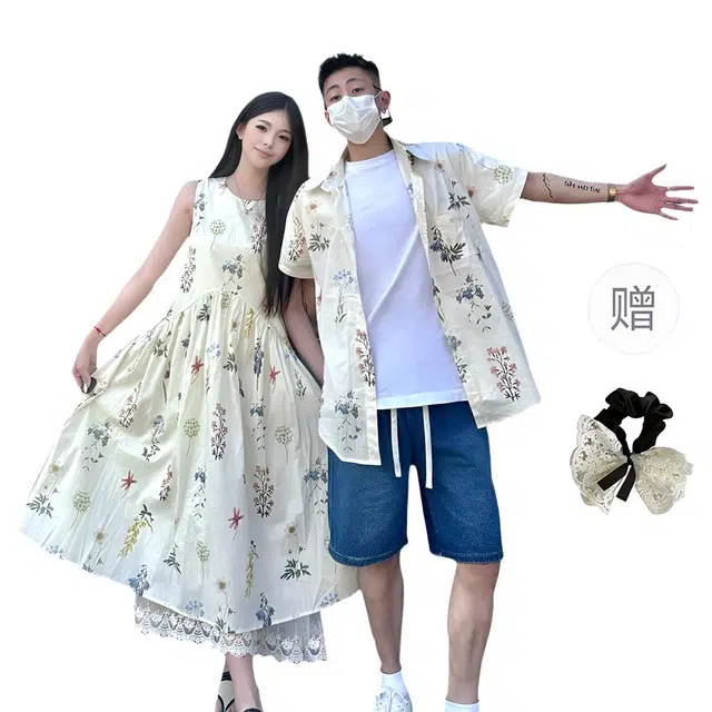 涂诗菲 法式复古小清新蕾丝拼接碎花背心连衣裙女短袖上衣衬衫一裙一衣情侣套装