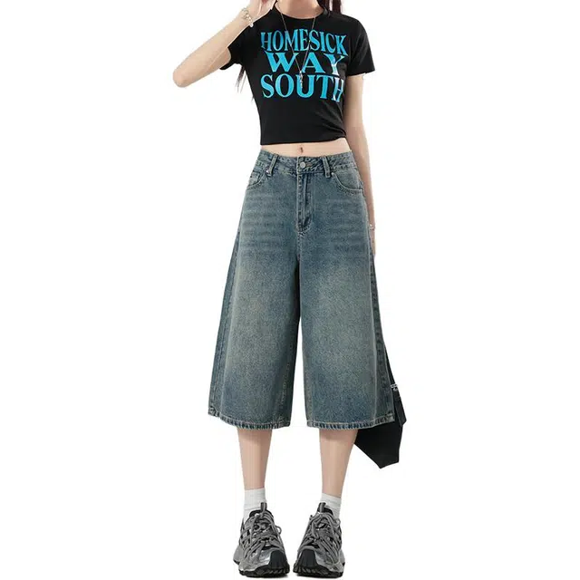 玫丝朵 美式复古七分裤子女夏季时尚百搭宽松直筒牛仔短裤 女款