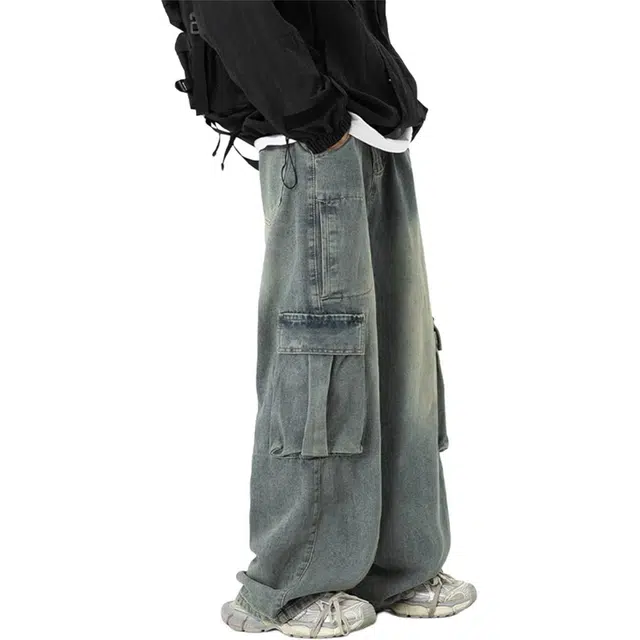 徐百货 阔腿工装裤美式潮牌大口袋宽松裤子夏季水洗复古高街拖地长裤牛仔裤 男女同款