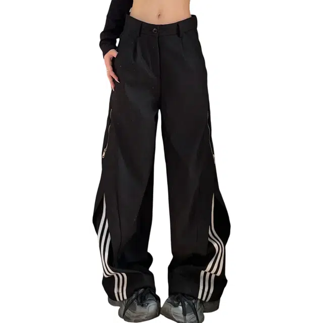 冈哉 解构拉链条纹织带拼接设计美式高街潮牌嘻哈街舞运动宽松百搭阔腿垂感拖地长裤休闲裤 男女同款