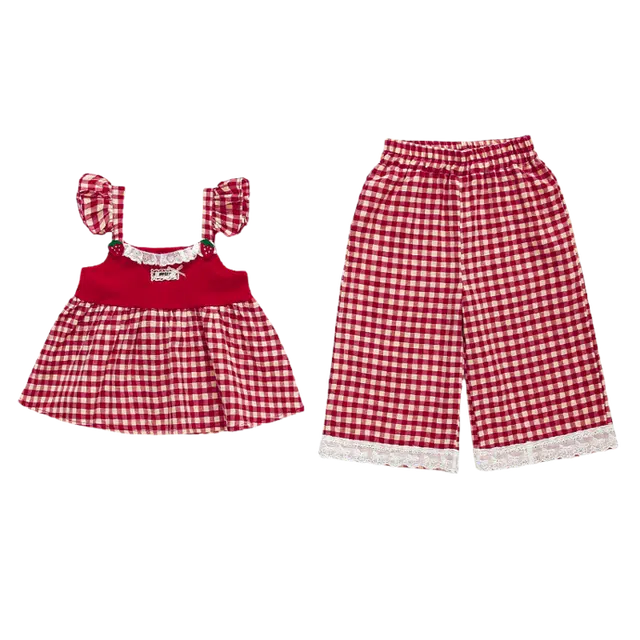 天才小熊草莓红格子套装 女童夏季大童潮牌运动小孩衣服 小女孩短袖洋气时髦 漂亮 甜美