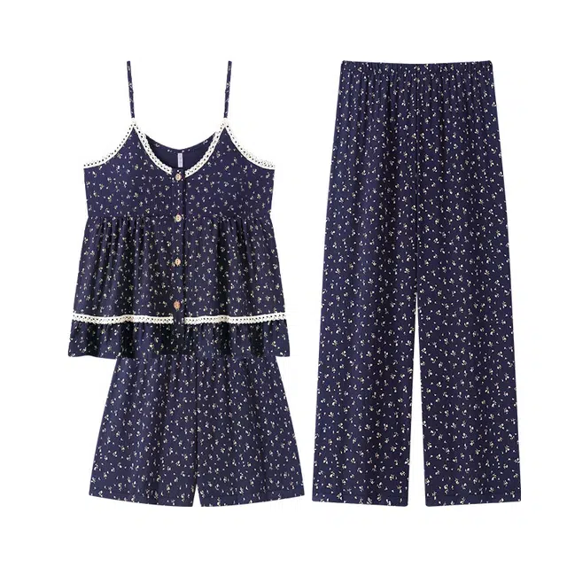 顶瓜瓜 带胸垫云朵棉性感吊带短裤长裤套头碎花三件套家居服夏季 睡衣套装 女款