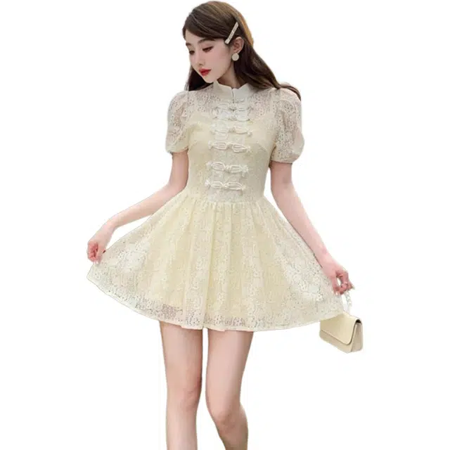 黛尔佳人 超短裙辣妹款新中式蕾丝两件套罩衫裙装套装 女款