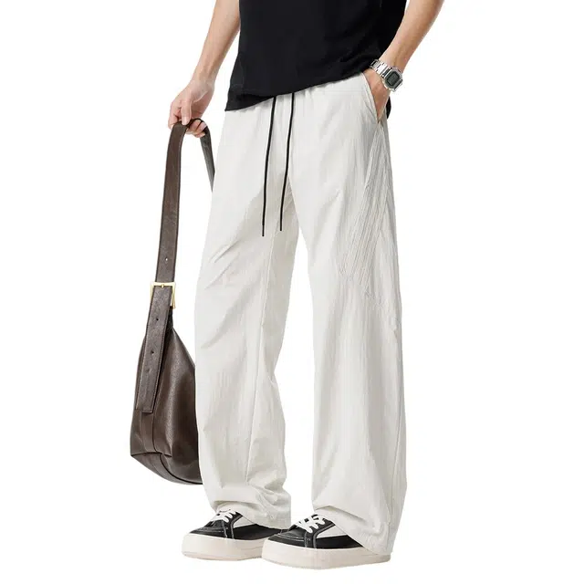 顶峰保罗 潮牌宽松直筒褶皱抽绳冰丝薄款垂感阔腿无性别主义长裤时尚百搭潮流痞帅高级感运动休闲裤 男女同款