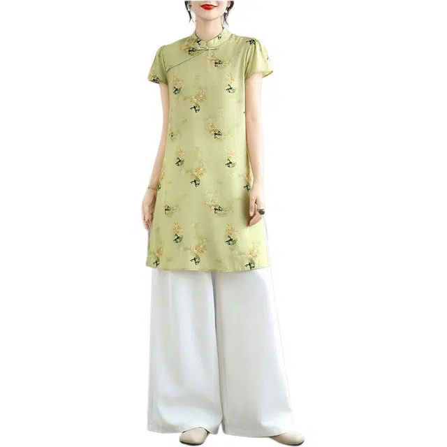 丝絮丝绸 新中式国风气质旗袍上衣阔腿裤裙时尚两件套 裙装套装  女款