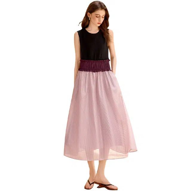 她池 圆领中长裙层次感渐变拼接无袖连衣裙 女款