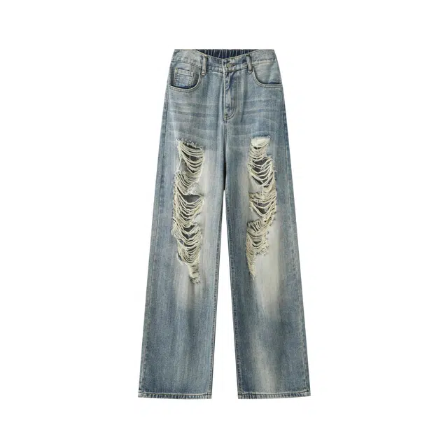 明尼凯 美式高街复古做旧水洗个性痞帅破坏风设计潮流简约时尚通勤日常百搭宽松垂感舒适透气无性别主义阔腿直筒破洞牛仔裤 男女同款