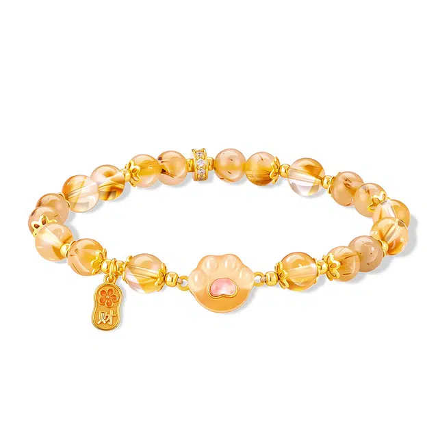 银千惠 爱心萌爪甜蜜桃花招财灵猫可爱肉垫手饰 小众国风璀璨闪耀锆石纯银润玉肉垫灵动少女心吸金招米转运招桃花百搭 金发晶 手串 女款