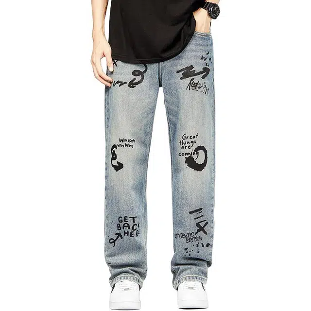 宝米卡 潮流痞帅直筒裤美式个性垂感休闲裤子牛仔裤 男女同款