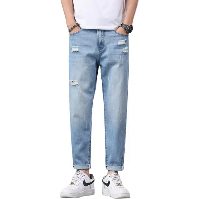 吉肯蒂 破洞九分牛仔裤夏季薄款冰感男宽松潮牌弹力哈伦长裤 男款