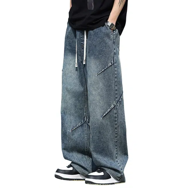 顶峰保罗 美式复古水洗工装解构无性别主义直筒长裤休闲阔腿弹力松紧腰显高百搭宽松高街潮牌垂感牛仔裤 男女同款