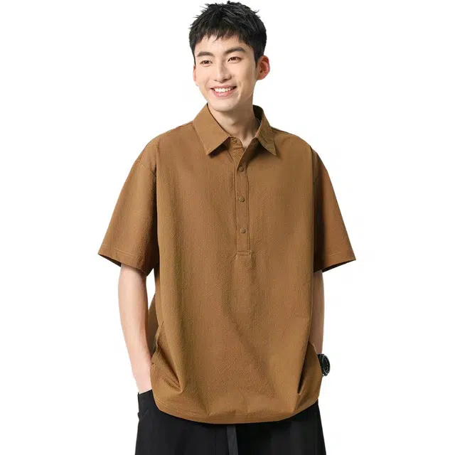 米素力 冰丝宽松肌理感格纹落肩袖短袖翻领衬衫 男款