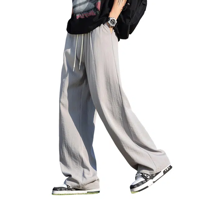 顶峰保罗 美式冰丝垂感纯色松弛无性别主义直筒阔腿弹力抽绳显高拖地百搭宽松潮牌休闲裤 男女同款