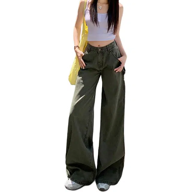 如续 美式复古低腰水洗辣妹工装裤女直筒微喇休闲裤长裤&加长牛仔裤 女款