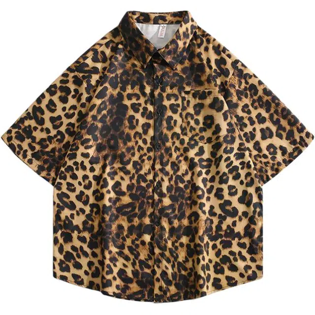 大格子与黑猫 短袖冰丝潮牌豹纹五分袖翻领宽松型衬衫 男款