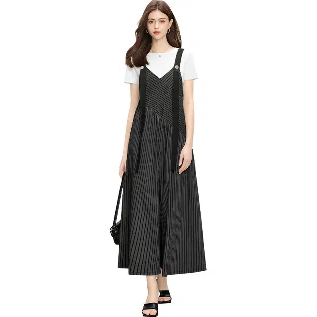 她池 减龄拼接宽松款阔腿休闲长款无袖连体衣 女款 条纹