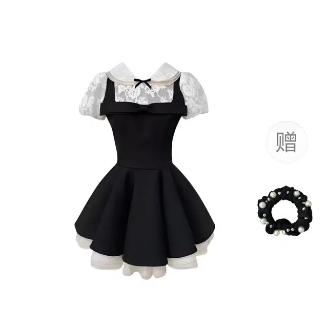 雾闪闪 古典轮廓 假两件五层裙摆千金裙复古泡泡袖公主短袖连衣裙 女款