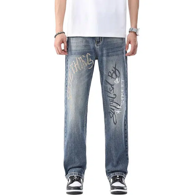 宝米卡 潮牌个性涂鸦复古高街直筒裤宽松百搭时尚印花休闲裤子牛仔裤 男女同款