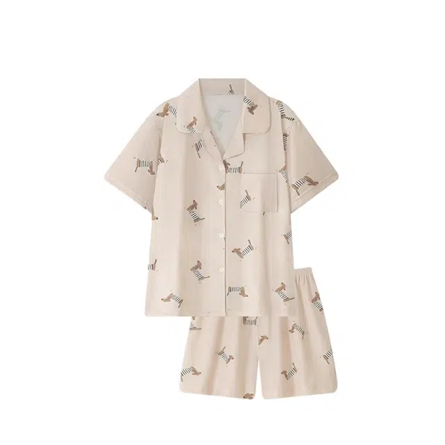 俏韵 翻领卡通腊肠狗夏季云朵棉短袖薄款夏天家居服可外穿睡衣套装 女款