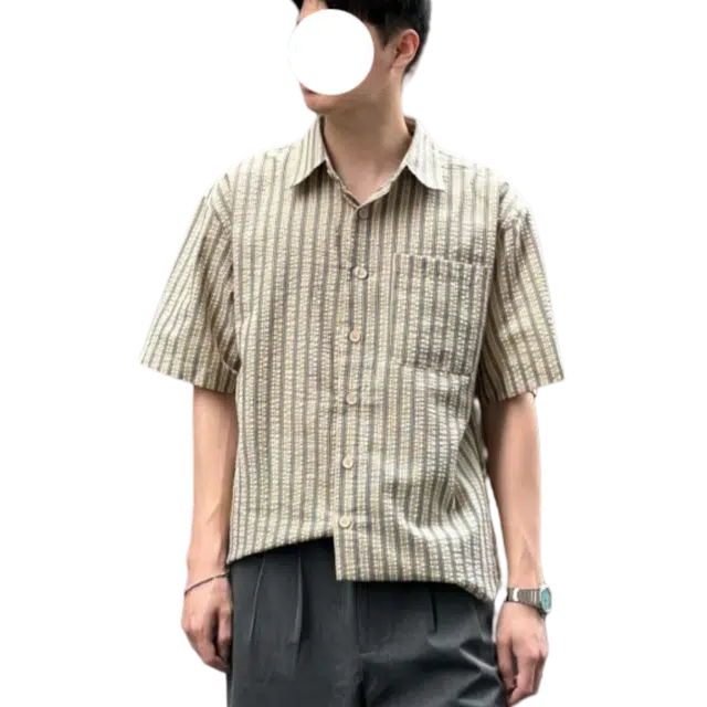 冈哉 韩版日系潮流个性百搭垂感时尚竖条纹复古舒适基础款短袖痞帅衬衣慵懒感外套上衣宽松翻领纽扣衬衫 男女同款