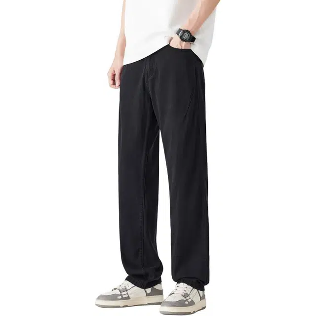 潮人榜 美式高街夏季薄款宽松直筒长裤子男潮牌百搭天丝简约通勤显高显瘦高端牛仔裤 男女同款