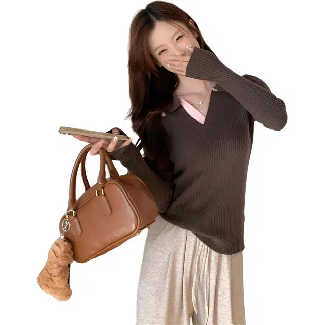 思蓓儿 韩版修身拼色气质内搭长袖针织衫 女款